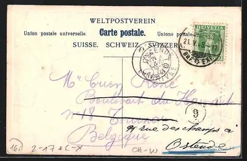 AK Luzern, Alpenpanorama im Passepartout mit Postkutsche und Briefmarken