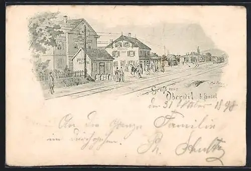 Lithographie Oberwil bei Basel, Partie am Bahnhof