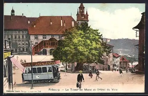 AK Fribourg, Strassenbahn am Rathaus, Hotel de Ville