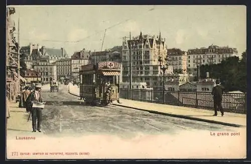 AK Lausanne, Le grand pont, Strassenbahn