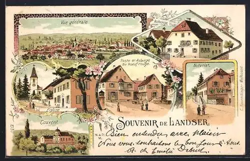 Lithographie Landser, Auberge Huck, Poste et Auberge au boeuf rouge, Couvent, Notariat, Eglise