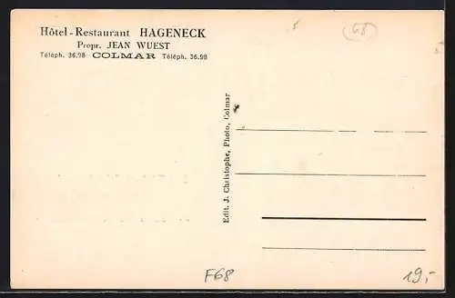 AK Colmar, Hôtel-Restautant Hadeneck, Propr. Jean Wuest