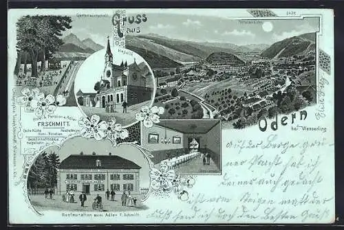 Mondschein-Lithographie Odern bei Wesserling, Restaurant zum Adler, Bes. F. Schmitt, Kapelle und Totalansicht