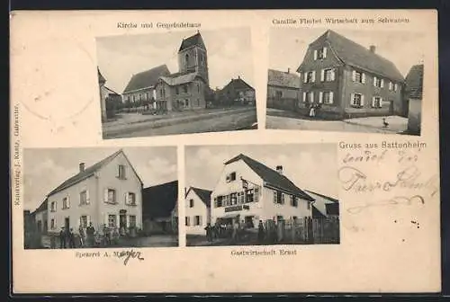 AK Battenheim, Gasthaus Ernst, Gasthaus zum Schwanen von Camille Fimbel, Spezerei A. Muslin