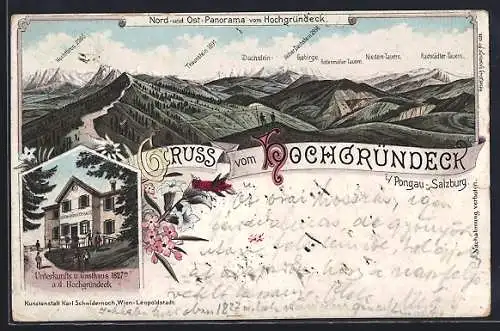 Lithographie Hochgründeckhaus, Gasthaus, Nord- und Ost-Panorama vom Gipfel