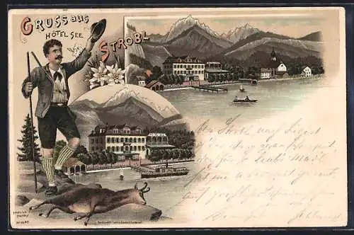 Lithographie Strobl, Jäger mit erlegter Gemse, Hotel See mit Alpen-Panorama