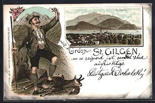 Lithographie St. Gilgen, Panoramablick auf Ort und See, Jäger mit erlegter Gams