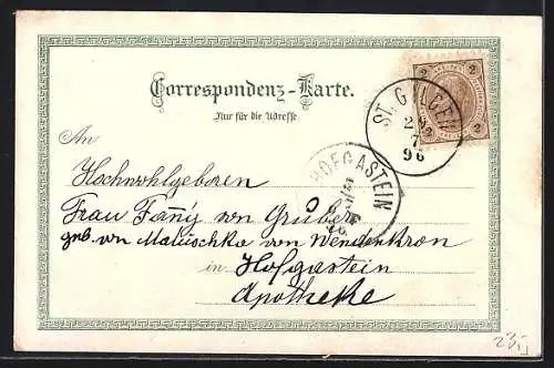 Lithographie St. Gilgen, Panoramablick auf Ort und See, Jäger mit erlegter Gams