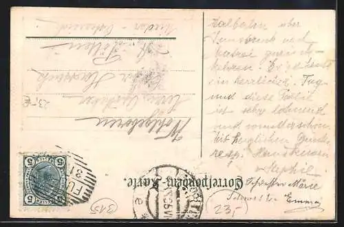 Präge-AK Fulpmes, Ortsansicht gegen die Gletscher, Österreicherin in Tracht im Passepartout