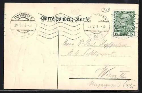 Präge-AK Schönberg /Stubaital, Ortsansicht mit Umgebung, Österreicher in Tracht im Passepartout