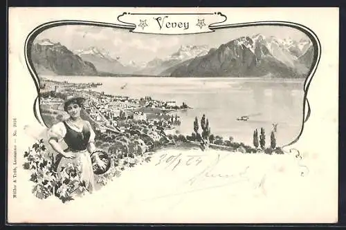 Künstler-AK Vevey, Teilansicht mit Bergen