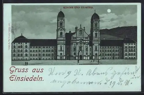 Mondschein-Lithographie Einsiedeln, Kirche und Kloster