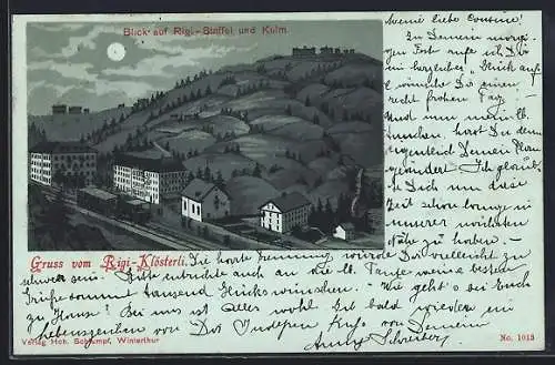 Mondschein-Lithographie Rigi-Klösterli, Blick auf Rigi-Staffel und Kulm mit Eisenbahn