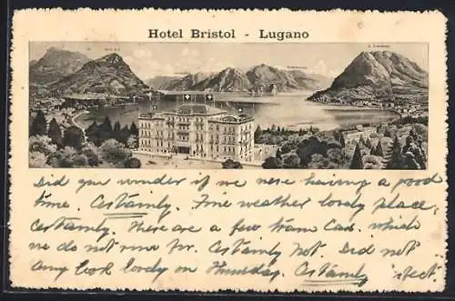 Künstler-AK Lugano, Hotel Bristol mit Monte Bré, Monte Generoso und S. Salvatore