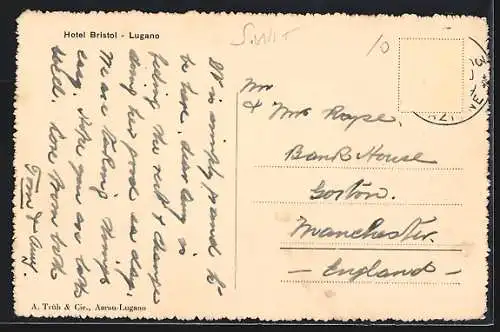 Künstler-AK Lugano, Hotel Bristol mit Monte Bré, Monte Generoso und S. Salvatore