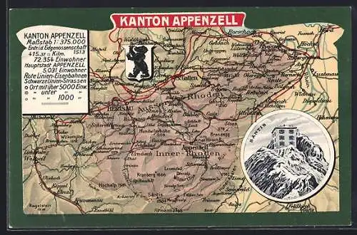 AK Appenzell, Landkarte des Kantons, Wappen, Säntis mit Gebäude