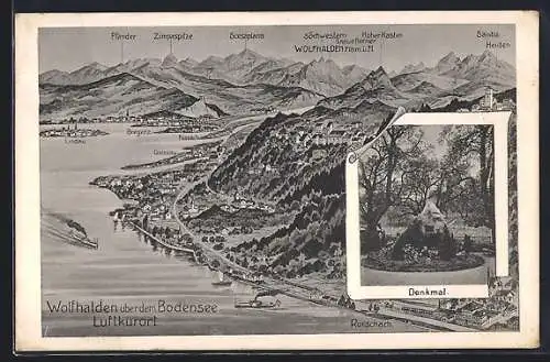 AK Wolfhalden, Totalansicht mit Bodensee, Pfänder, Zimpaspitze, Hoher Kasten, Denkmal