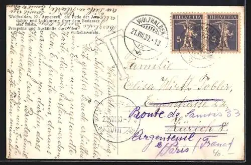 AK Wolfhalden, Totalansicht mit Bodensee, Pfänder, Zimpaspitze, Hoher Kasten, Denkmal