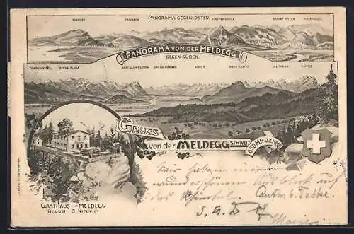 AK Meldegg, Panorama gegen Süden u. Osten, Gasthaus zur Meldegg Bes.J.Niederer, Wappen