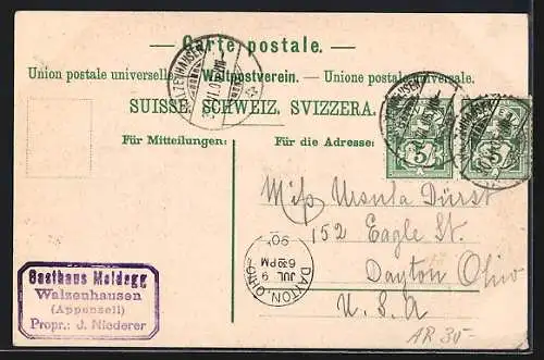 AK Meldegg, Panorama gegen Süden u. Osten, Gasthaus zur Meldegg Bes.J.Niederer, Wappen