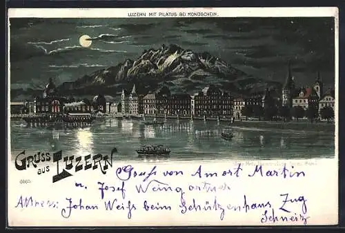 Lithographie Luzern, Uferpartie mit Pilatus