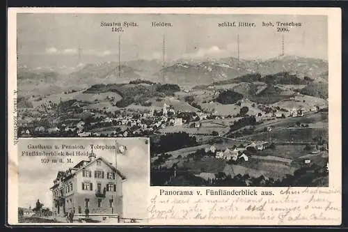 AK Heiden, Gasthaus und Pension Fünfländerblick, Panorama mit Staufen Spitz, schlaf. Ritter und hoh. Treschen