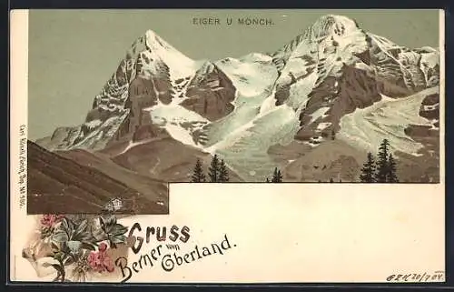 Lithographie Eiger, Berner Oberland, Panorama mit Mönch