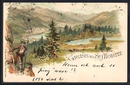 Lithographie St. Moritz, Panorama mit Wanderer