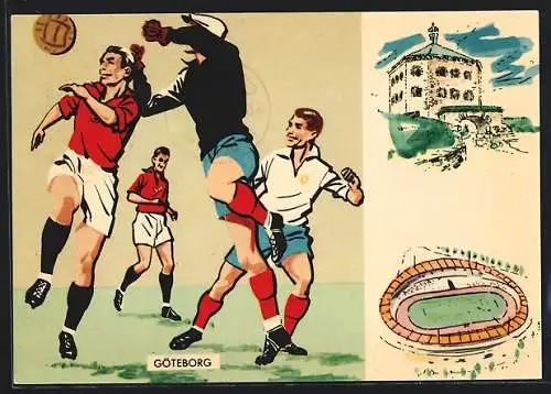 Künstler-AK Göteborg, WM 1958, Fussballspiel Brasilien-England, Stadion, Gebäude