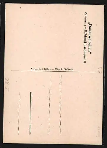 AK Donauweibchen vor den Fischern die ihr Netz herausholen, Zeichnung v. R. Schmid