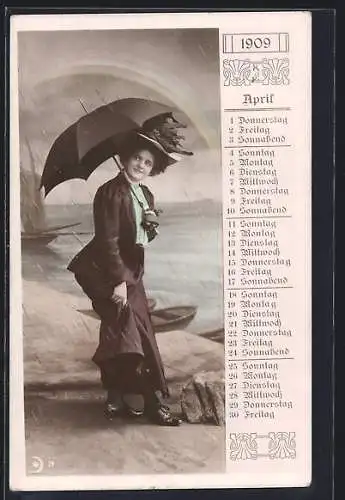 AK Junge Frau mit Regenschirm und Kalender April 1909