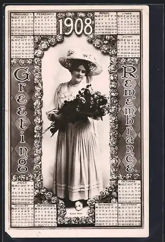 AK Hübsche junge Frau mit Blumenstrauss und Kalender 1908