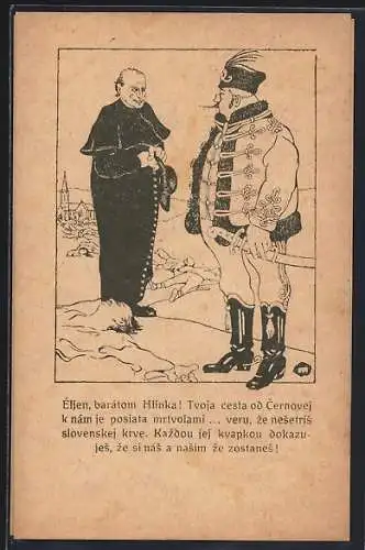 Künstler-AK Éljen, barátom Hlinka!..., Soldat und Priester, Anti-Katholizismus Tschechoslowakei