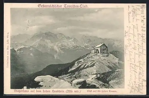 AK Statzerhaus auf dem hohen Hundstein mit Blick auf die hohen Tauern, Berghütte