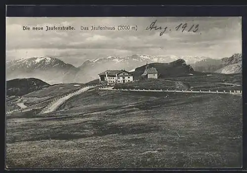 AK Jaufenhaus, Blick zur neuen Jaufenstrasse und zu den Bergen