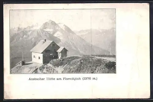 AK Ansbacher Hütte, Ansicht der Berghütte am Flarschjoch