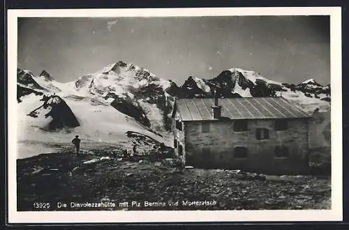 AK Diavolezza-Berghütte mit Piz Bernina und Morteratsch