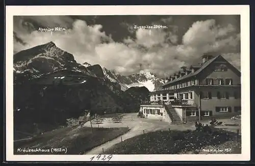 AK Kreuzeckhaus mit Alpspitze und Zugspitze