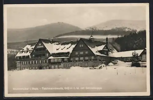 AK Teichmannbaude mit Schneekoppe bei Krummhübel im Riesengebirge