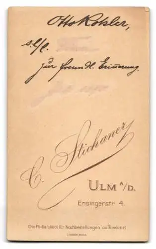 Fotografie C. Stichaner, Ulm, Ensingerstrasse 4, Porträt eines Soldaten Otto Kohler