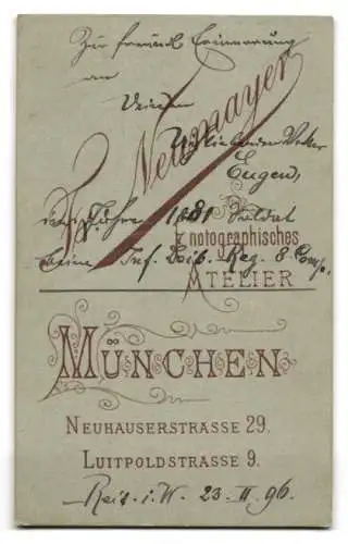 Fotografie Fr. Neumayer, München, Neuhauserstrasse 29, Soldat Eugen in Uniform Inf.-Leib.-Rgt. 8, 1896