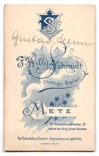 Fotografie F. Wilh. Schmidt, Metz, St. Medardenstr. 10, Porträt eines Soldaten Gustav in Uniform Rgt. 130