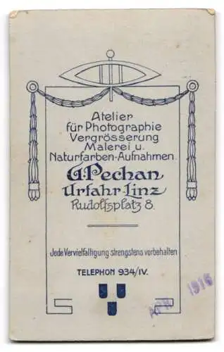 Fotografie G. Pechan, Urfahr-Linz, Rudolfplatz 8, Porträt eines K.u.K. Soldaten in Uniform