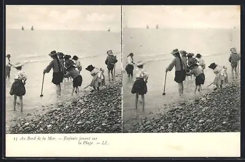 Stereo-AK Au Bord de la Mer, Enfants jouant sur la Plage