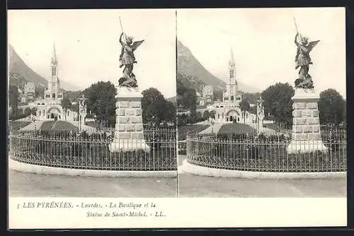 Stereo-AK Lourdes, La Basilique et la Statue de Saint-Michel