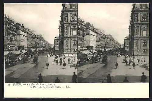 Stereo-AK Paris, La Rue de Rivoli, vue de la Place de l`Hôtel-de-Ville