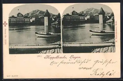 Stereo-AK Luzern, Kappelbrücke mit Boot