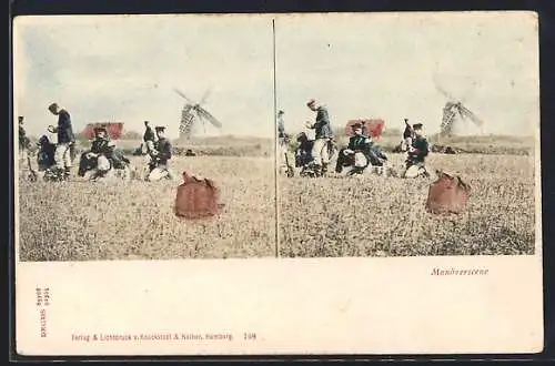 Stereo-AK Manöverscene, Im Hintergrund Windmühle