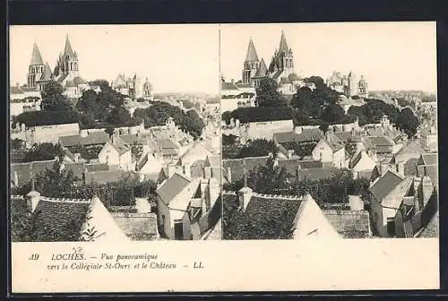 Stereo-AK Loches, Vue panoramique ver la Collégiale St-Ours et le Château