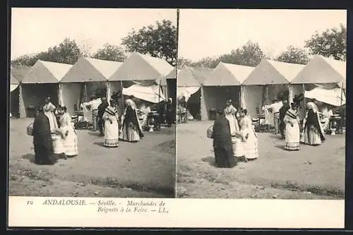 Stereo-AK Séville /Andalousie, Marchandes de Beignets à la Foire